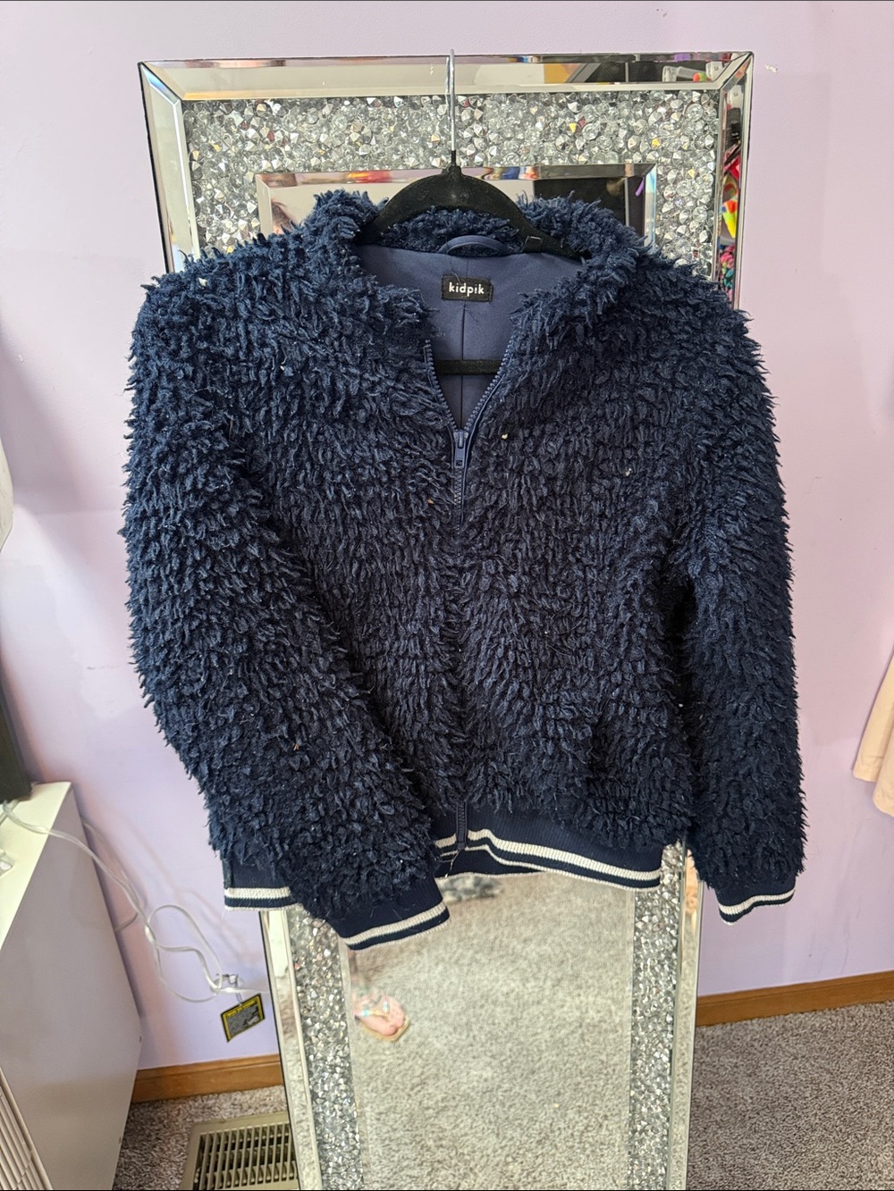 kidpik Navy Shaggy Zip Hoodie with Stripe Trim